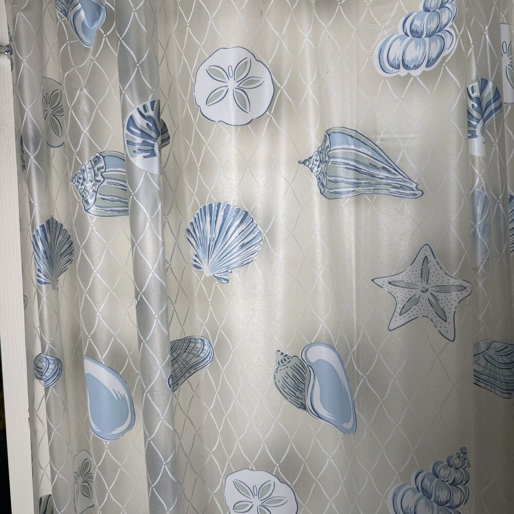 Starfish and Seashell Shower Curtain 72x72 Clear/Blue +12 Vintage Rings Nautical